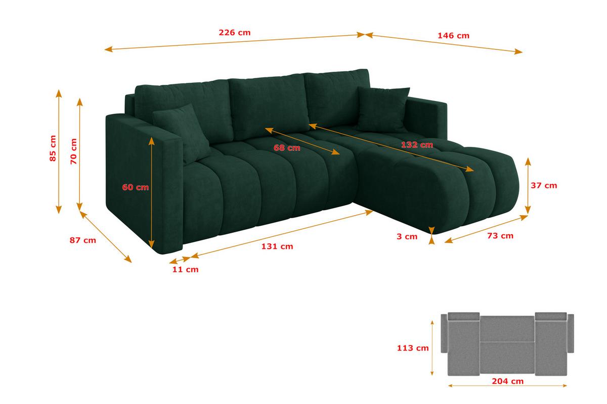 ECKSOFA mit Schlaffunktion Ottomane Rechts GARD-L 226x146x85 Grün Velours - Schwarz/Grün, Holzwerkstoff/Kunststoff (226/146cm) - ALTDECOR