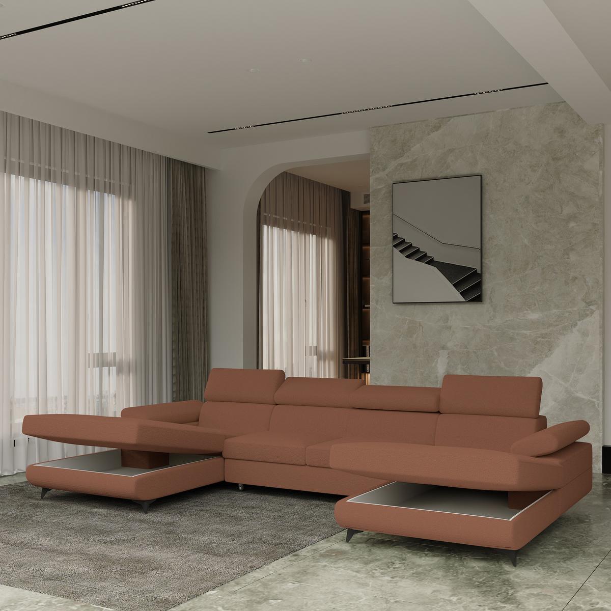 WOHNLANDSCHAFT DETTI Kupferfarben Boucle-Stoff mit Schlaffunktion - Kupferfarben, Holz (339/89/190cm) - MASSENO