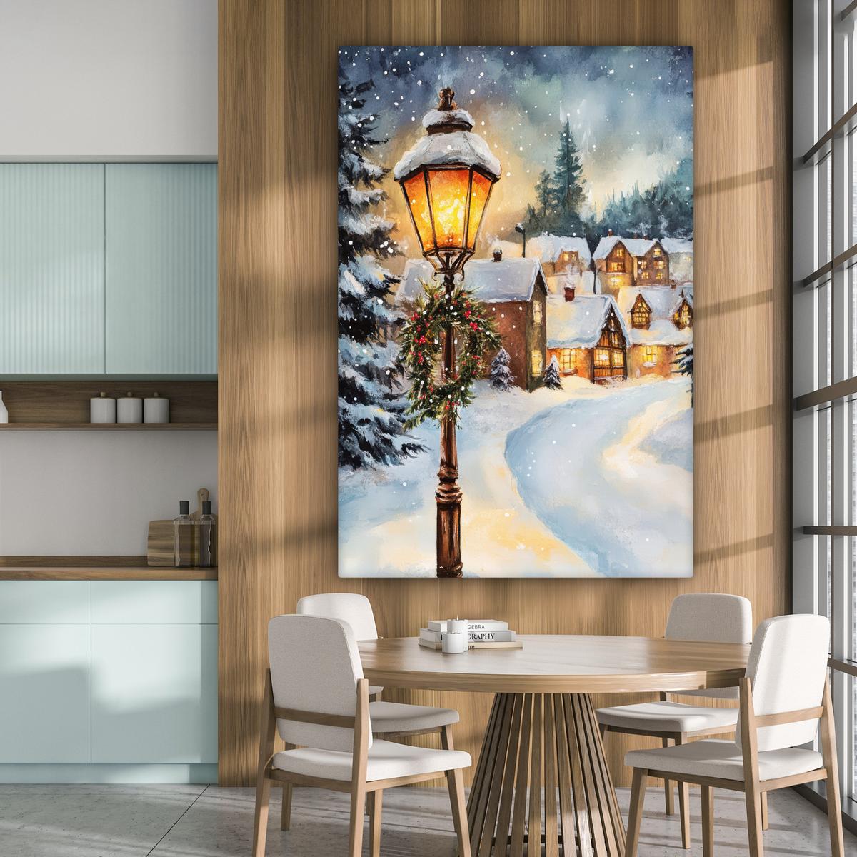LEINWANDBILD Weihnachtsdorf - Häuser - Schnee - Weihnachten Deko Groß 90x140 cm - Sandfarben, Textil (90/140cm) - MuchoWow
