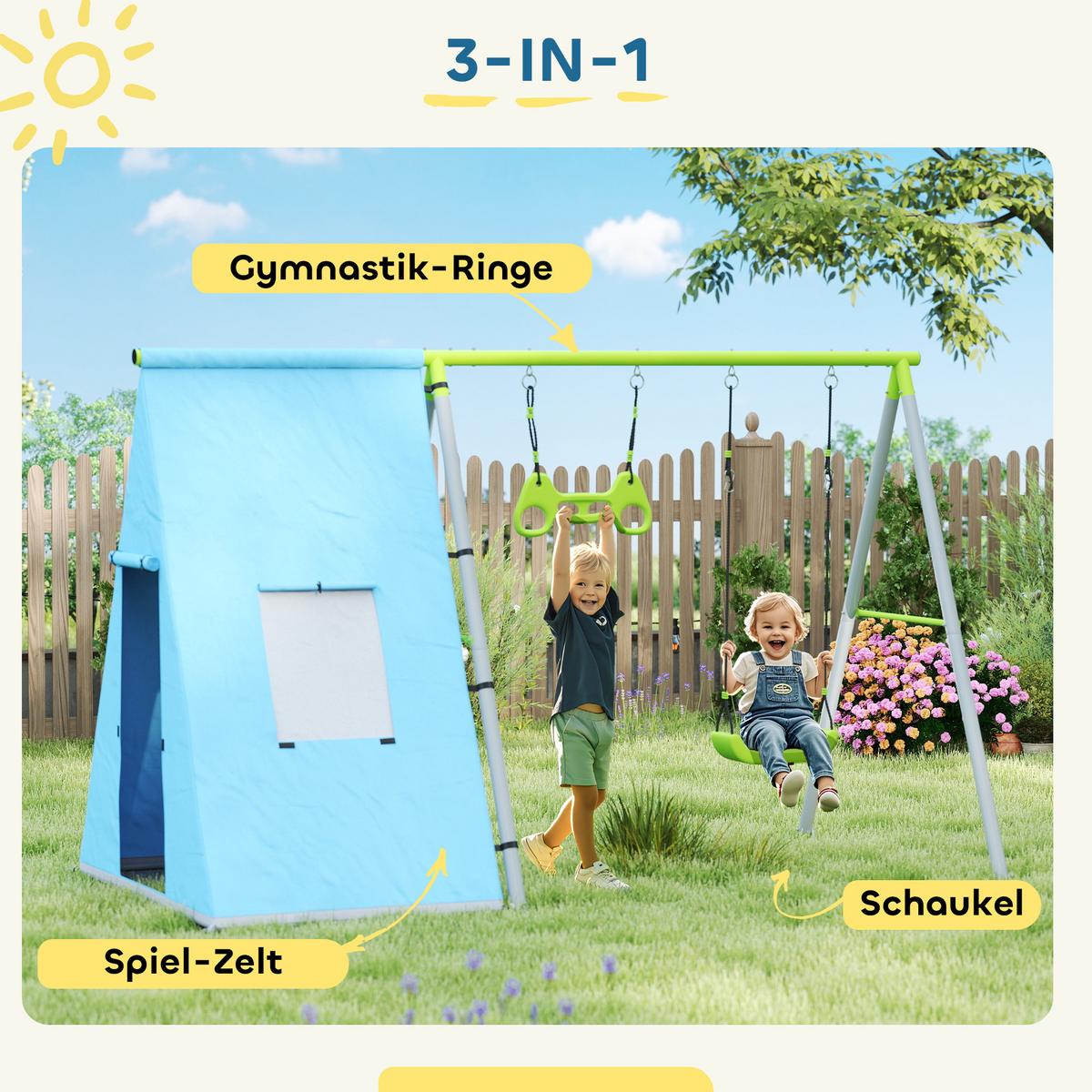 3 in 1 Schaukelgestell Schaukelgerüst mit Spielzelt, Schaukel und Turnringe - Grün, Metall (180/283cm) - AIYAPLAY