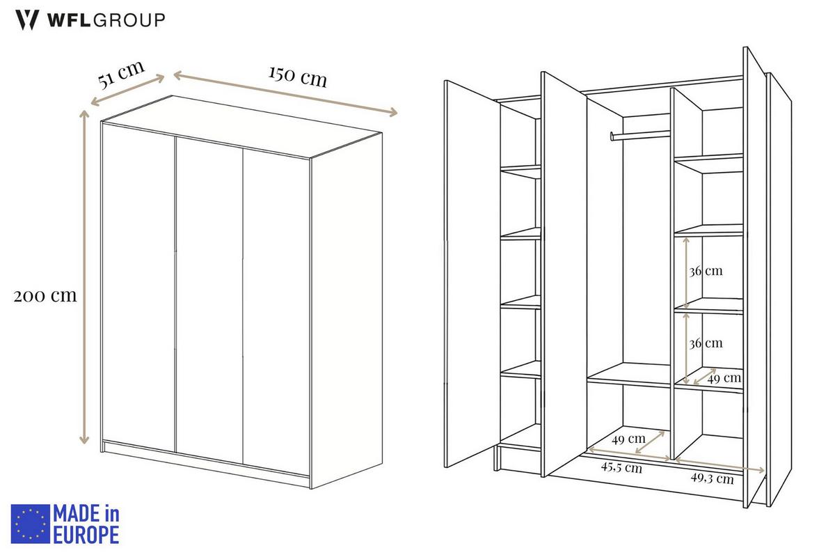 KLEIDERSCHRANK Mono Grifflos im Skandi-Stil, Weiß 150/200/51 cm - Weiß, Holzwerkstoff (150/200/51cm) - WFL GROUP