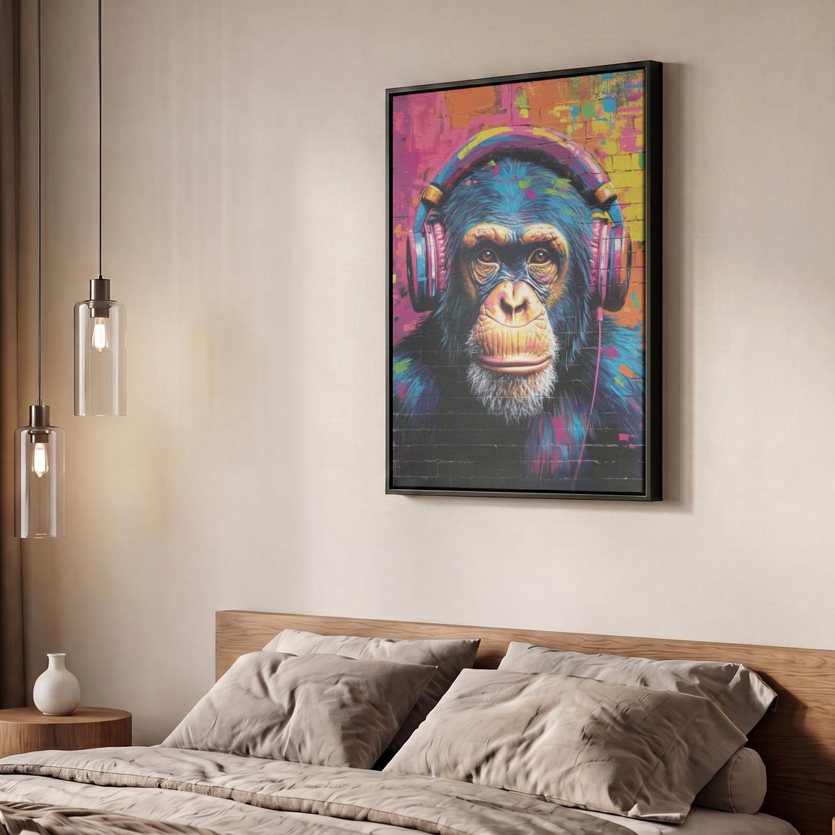LEINWAND Bilder mit Rahmen - Graffiti - Schimpanse - Straßenkunst - Kopfhörer - Affe - 50x70 - Blau, Textil (50/70cm) - MuchoWow