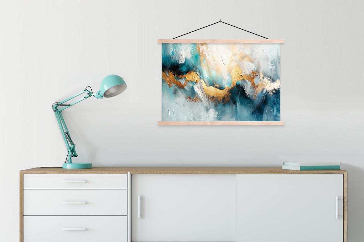 POSTER MIT MAGNETLEISTEN Abstrakt - Kunst - Gold - Blau Wanddeko 90x60 cm - Petrol, Textil (90/60/0.15cm) - MuchoWow