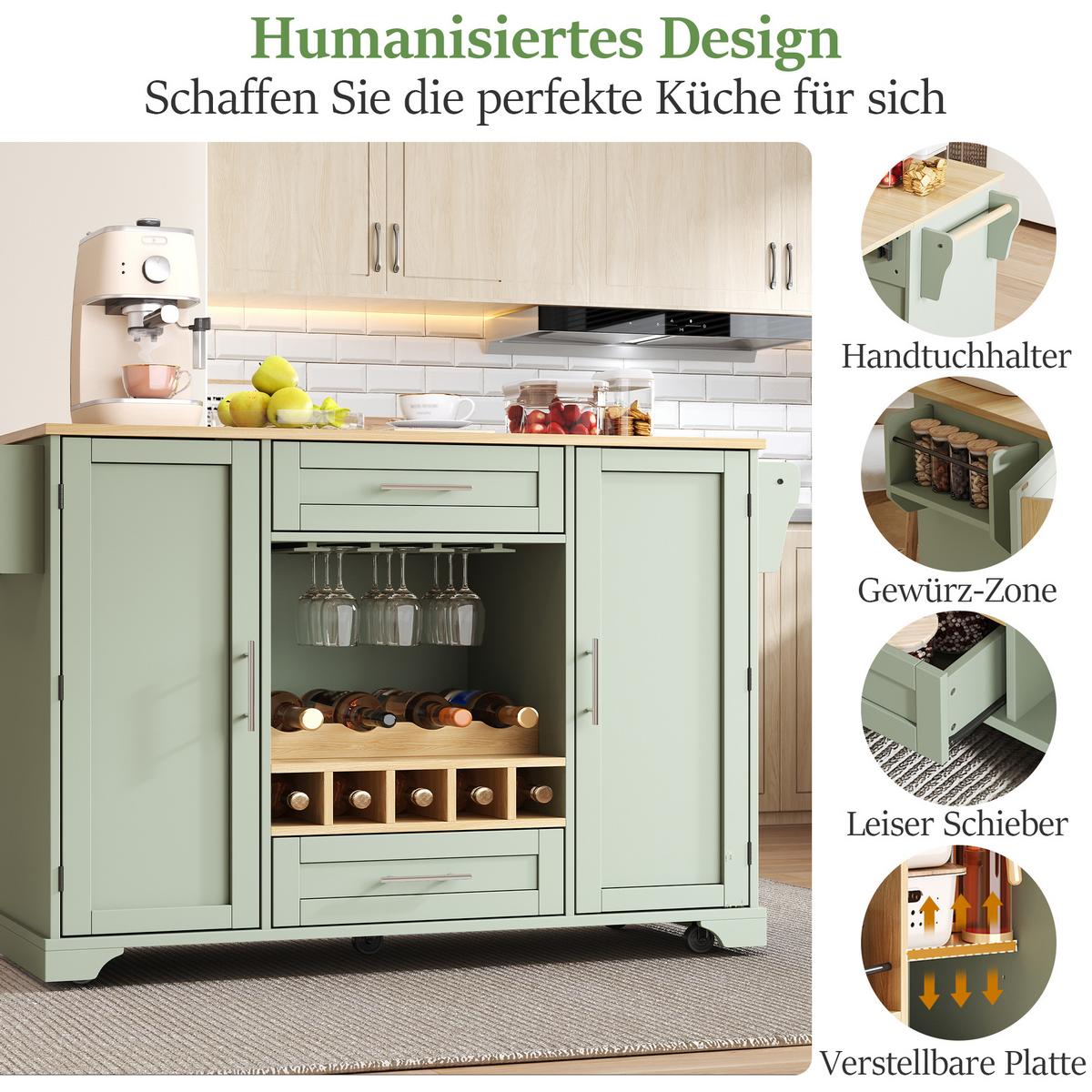 KÜCHENINSEL Antique Green Mit Klapptisch, Weinregal & Rollen - Waldgrün, Holzwerkstoff (138/92/70cm) - Urban Meuble