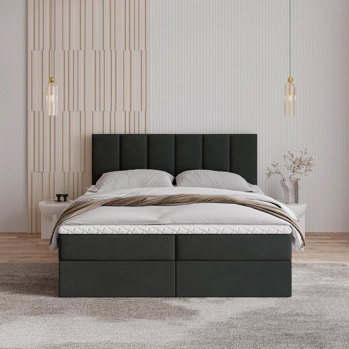 BOXBETT MERIL 180x200 cm mit Matratze und Topper - Schwarz - Schwarz, Holz (180/200cm) - MASSENO