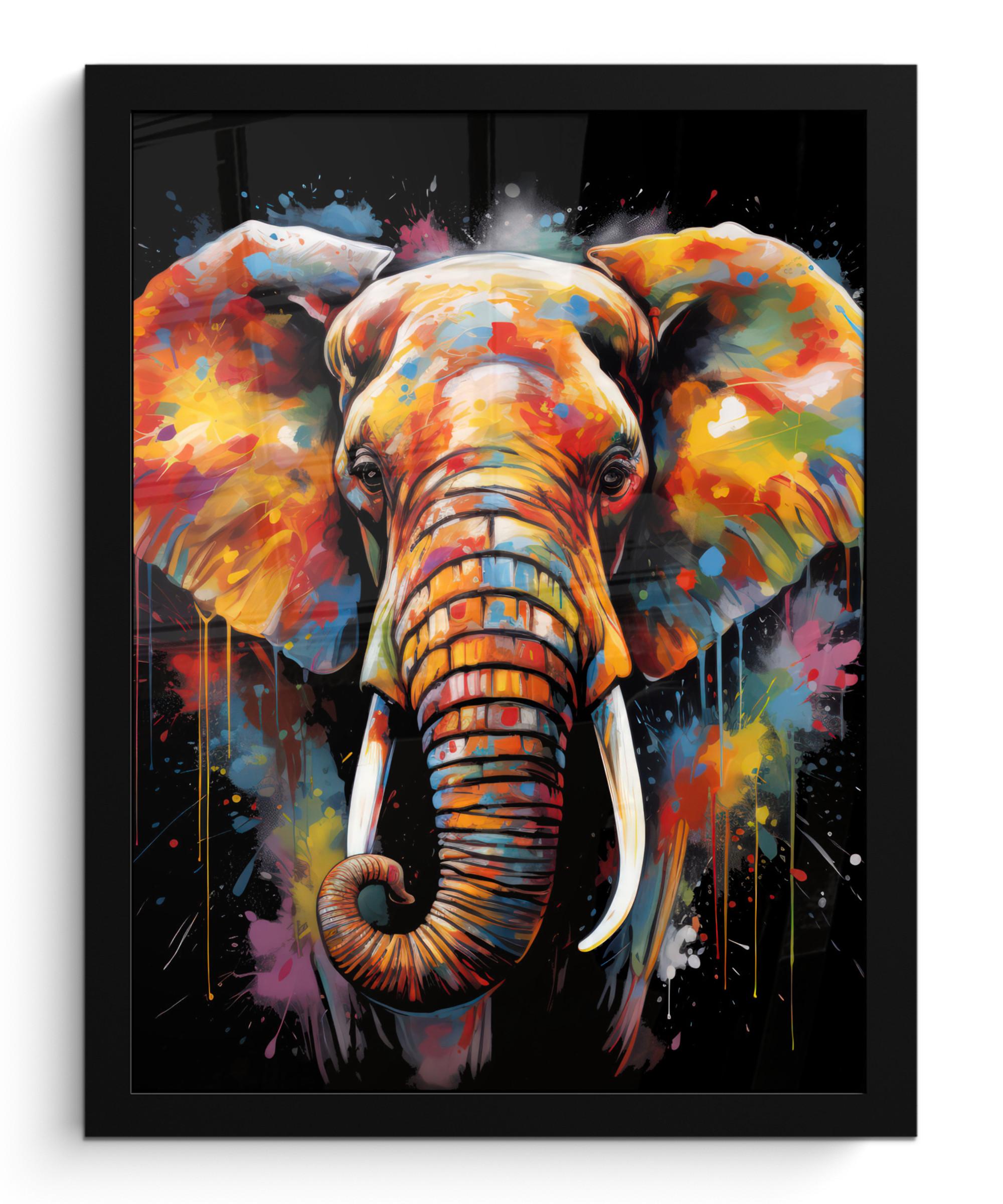 POSTER MIT RAHMEN Elefant - Graffiti - Schwarz - Tiere - Farben Bilderrahmen 30x40 cm - Schwarz, Papier (30/40cm) - MuchoWow