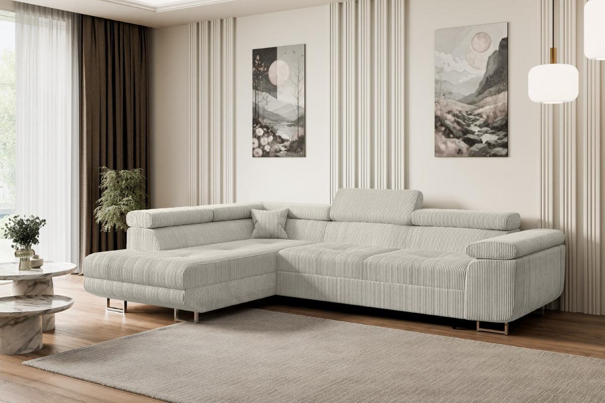 ECKSOFA mit Schlaffunktion und Bettkasten GUSA-L 272x202x107 cm Creme Cord - Silberfarben/Hellgrau, Holzwerkstoff/Textil (202/272cm) - ALTDECOR