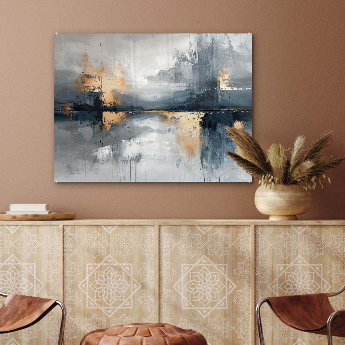 ACRYLGLASBILD Kunst - Grau - Gold - Abstrakt 80x60 cm - Dunkelgrau, Glas (80/60cm) - MuchoWow