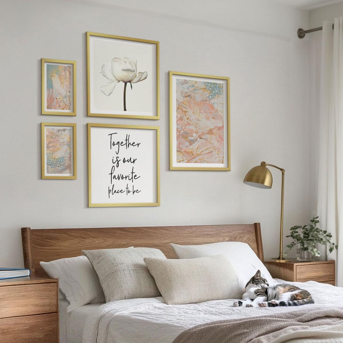 BILDER SET 5er Set - 50x50 cm & 20x30 cm & 40x60 cm Goldrahmen - Abstrakte Pastellmuster - Goldfarben, Kunststoff (40/60cm) - TULUP