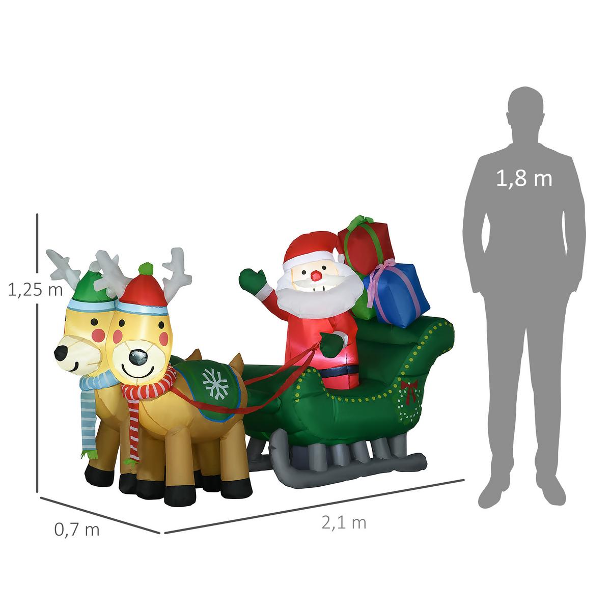 AUFBLASBARER Weihnachtsmann mit Rentieren, LED-Licht, 210cm Weihnachtsdeko - Multicolor, Kunststoff (70/125/210cm) - HOMCOM