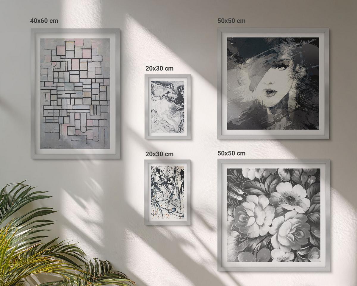 BILDER SET 5er Set - 50x50 cm & 20x30 cm & 40x60 cm Silberner Rahmen - Abstrakte schwarz-weiße Muster - Silberfarben, Kunststoff (40/60cm) - TULUP
