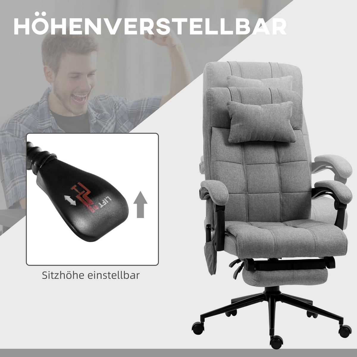BÜROSTUHL mit Massagefunktion, Ergonomisch Schreibtischstuhl mit Lendenheizung - Grau, Kunststoff (76/124/66cm) - Vinsetto