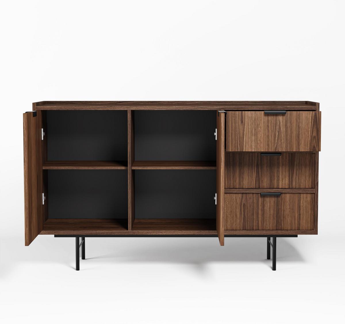 SIDEBOARD Nordiva 2T 3S Warmia Walnut 150/90/40 cm – Metallgestell - Walnussfarben/Schwarz, Holzwerkstoff/Metall (150/91/40cm) - AX Living