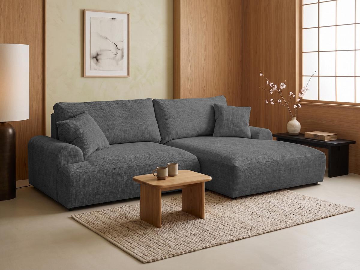 ECKSOFA Melvano mit Schlaffunktion und Bettkasten im Japandi-Stil aus weichem Grau Chenille-Stoff - Schwarz/Grau, Holz/Kunststoff (240/145cm) - S-Style