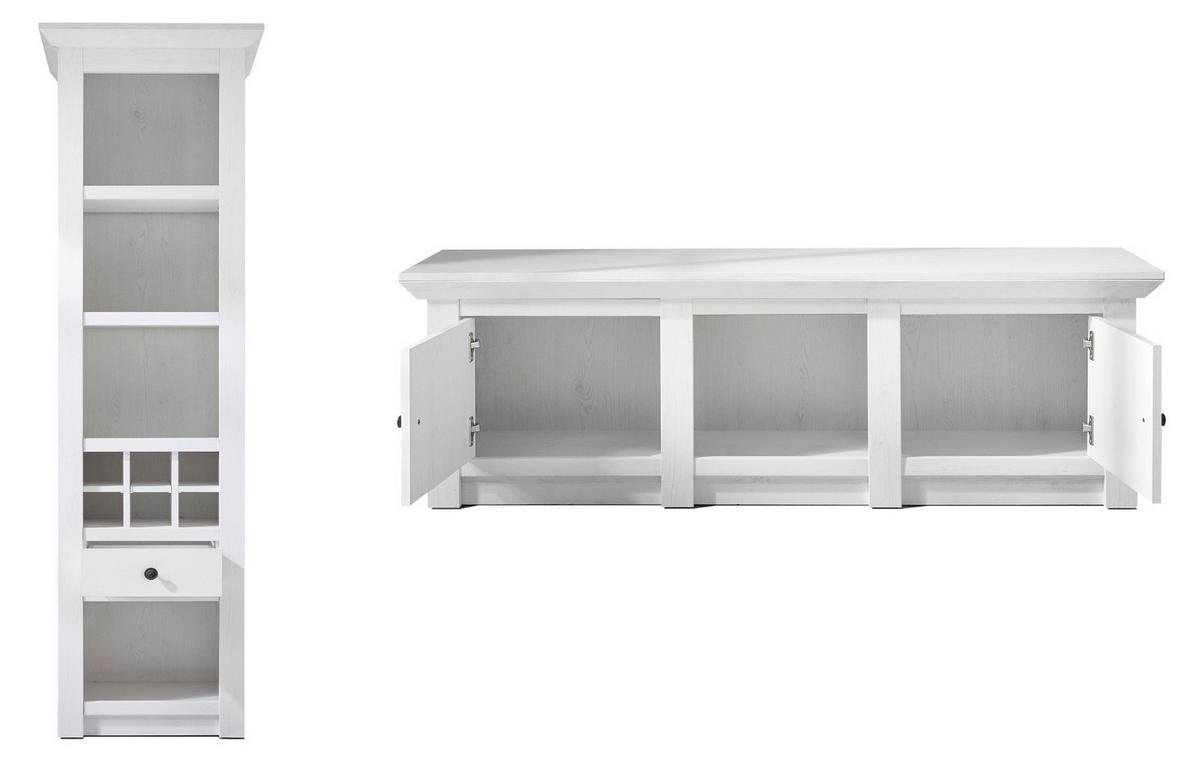 WOHNWAND Pinie weiß 4-teilig 288 cm, Schrankwand im Landhaus-Stil - Schwarz/Weiß, Glas/Holzwerkstoff (288/207/45cm) - Furn.Design