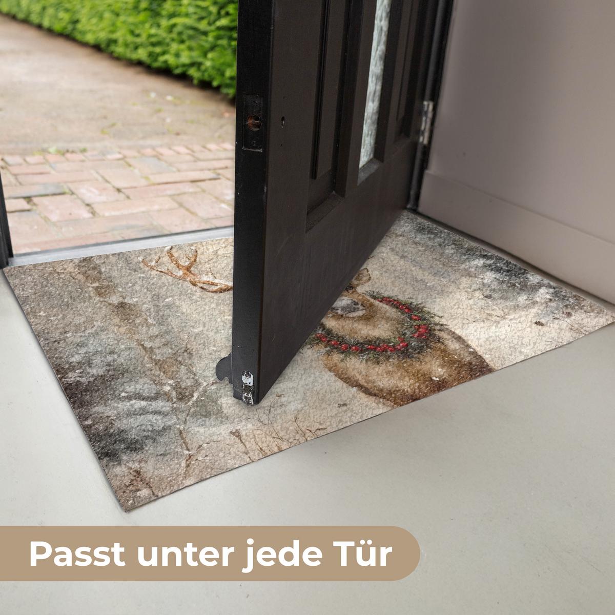 FUSSMATTE Weihnachten - Rentier - Winter - Kranz Flurteppich 60x40 cm - Braun, Kunststoff (60/0.4cm) - MuchoWow