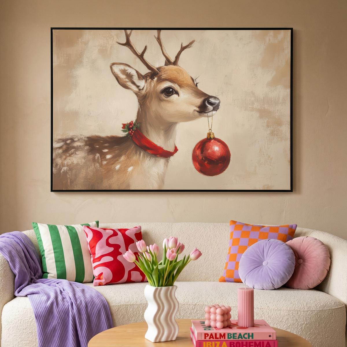 LEINWAND Bilder mit Rahmen - Weihnachten - Hirsch - Geweih - Weihnachtskugel - Rentier - 120x80 - Hellbraun, Textil (120/80cm) - MuchoWow