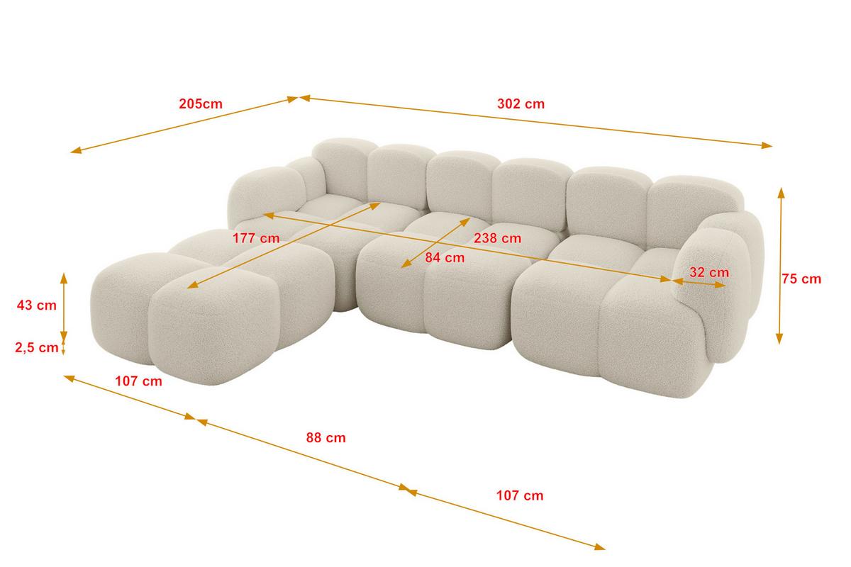 ECKSOFA modulares Sofa Links Miko-L2 302x205x75 Beige Bouclé - Sandfarben/Schwarz, Holzwerkstoff/Kunststoff (302/205cm) - ALTDECOR