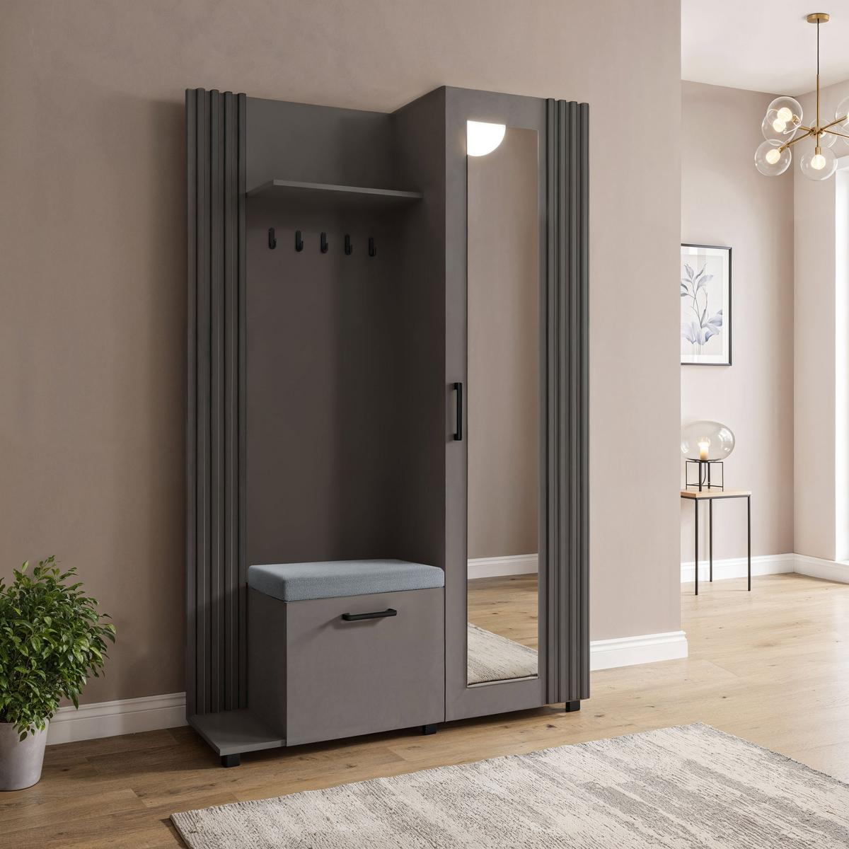 GARDEROBE Linaro mit Spiegel, Sitzbank in Lamellen-Optik 137/207/42 cm, Links - Dunkelgrau/Schwarz, Holzwerkstoff (137/207/42cm) - WFL GROUP