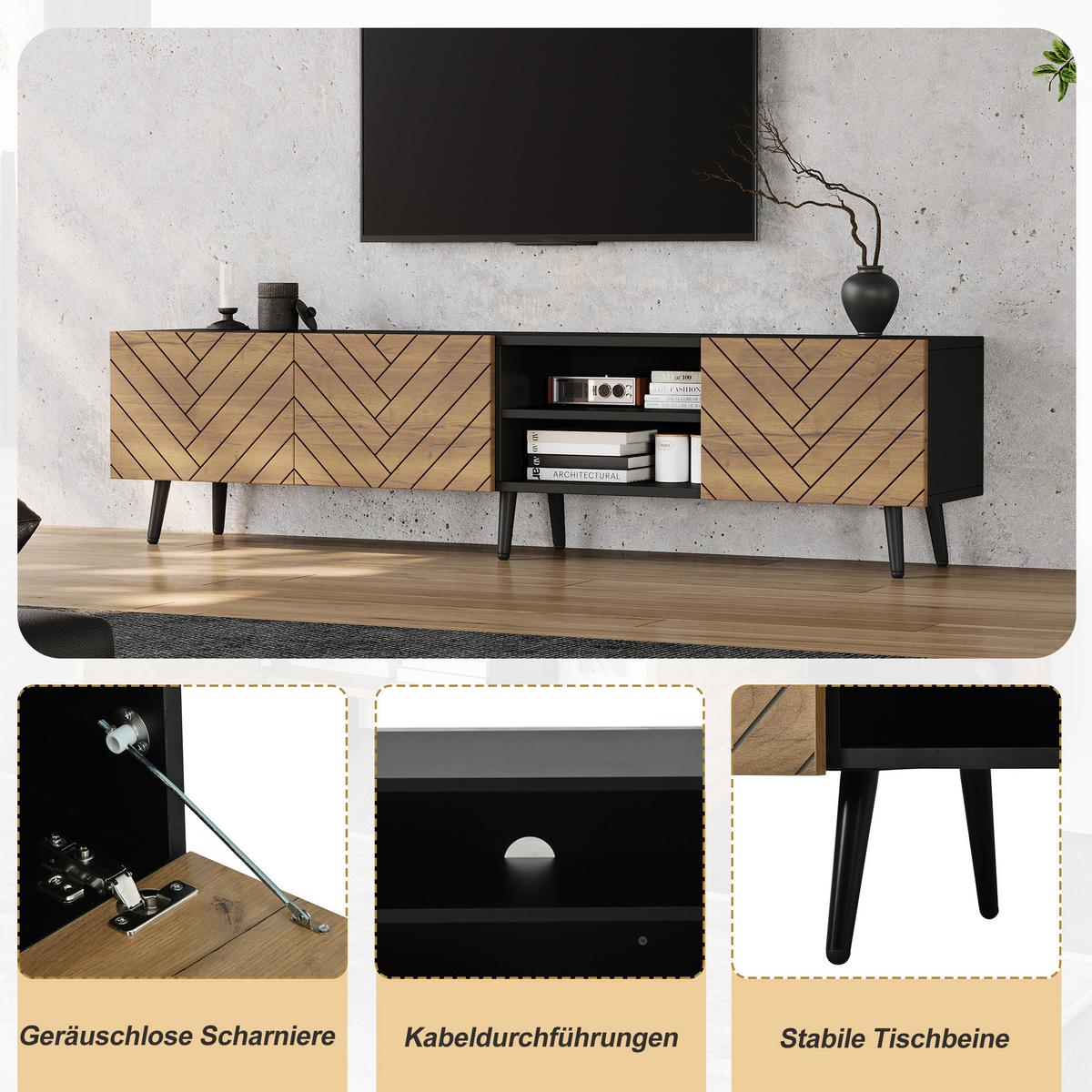 TV-LOWBOARD 180cm Schwarz & Holzoptik für 75 Zoll TV, 3 Türen & Kabelmanagement - Naturfarben, Holzwerkstoff (180/45/33.5cm) - Urban Meuble