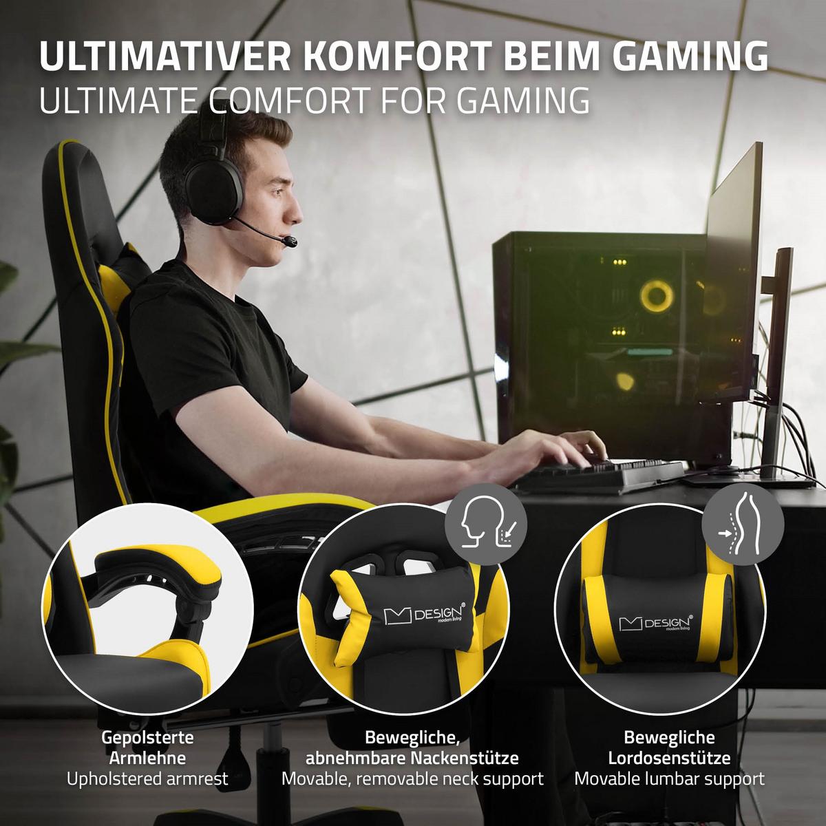 GAMINGSTUHL Schwarz-Gelb aus Kunstleder - Gelb/Schwarz, Kunststoff/Metall (62/119/62cm) - ML-DESIGN