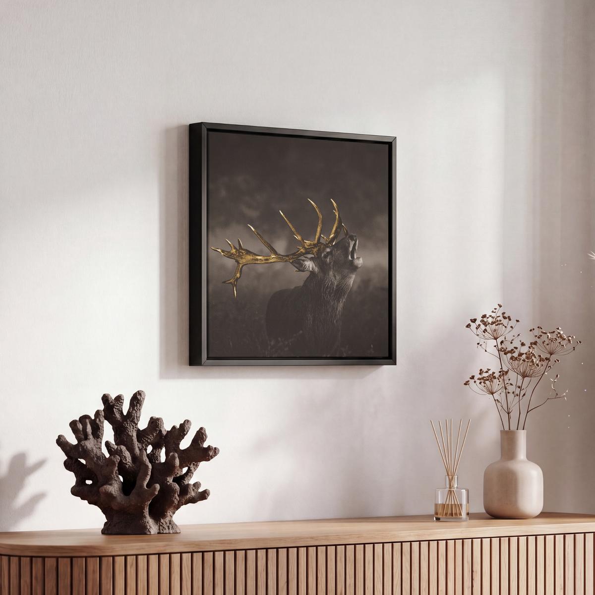 LEINWAND Bilder mit Rahmen - Rotwild - Schwarz - Gold - 20x20 - Braun, Textil (20/20cm) - MuchoWow