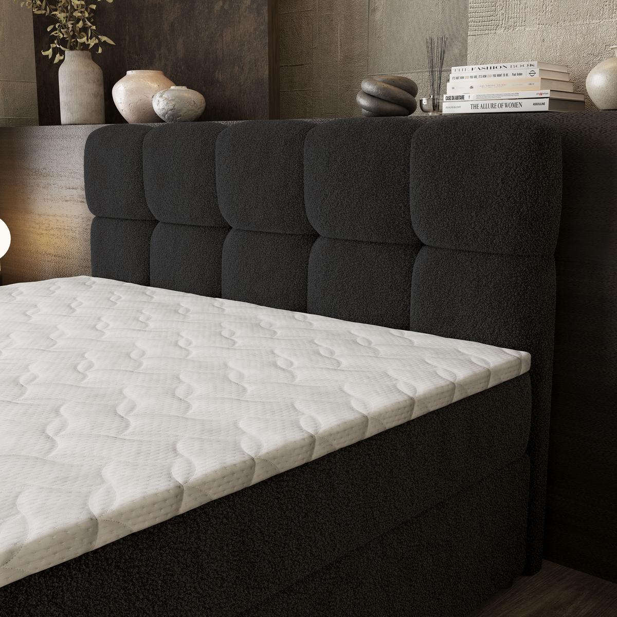 BOXBETT BRUME 180x200 cm mit Matratze und Topper, H2+H3 - Schwarz - Schwarz, Holz (180/200cm) - MASSENO