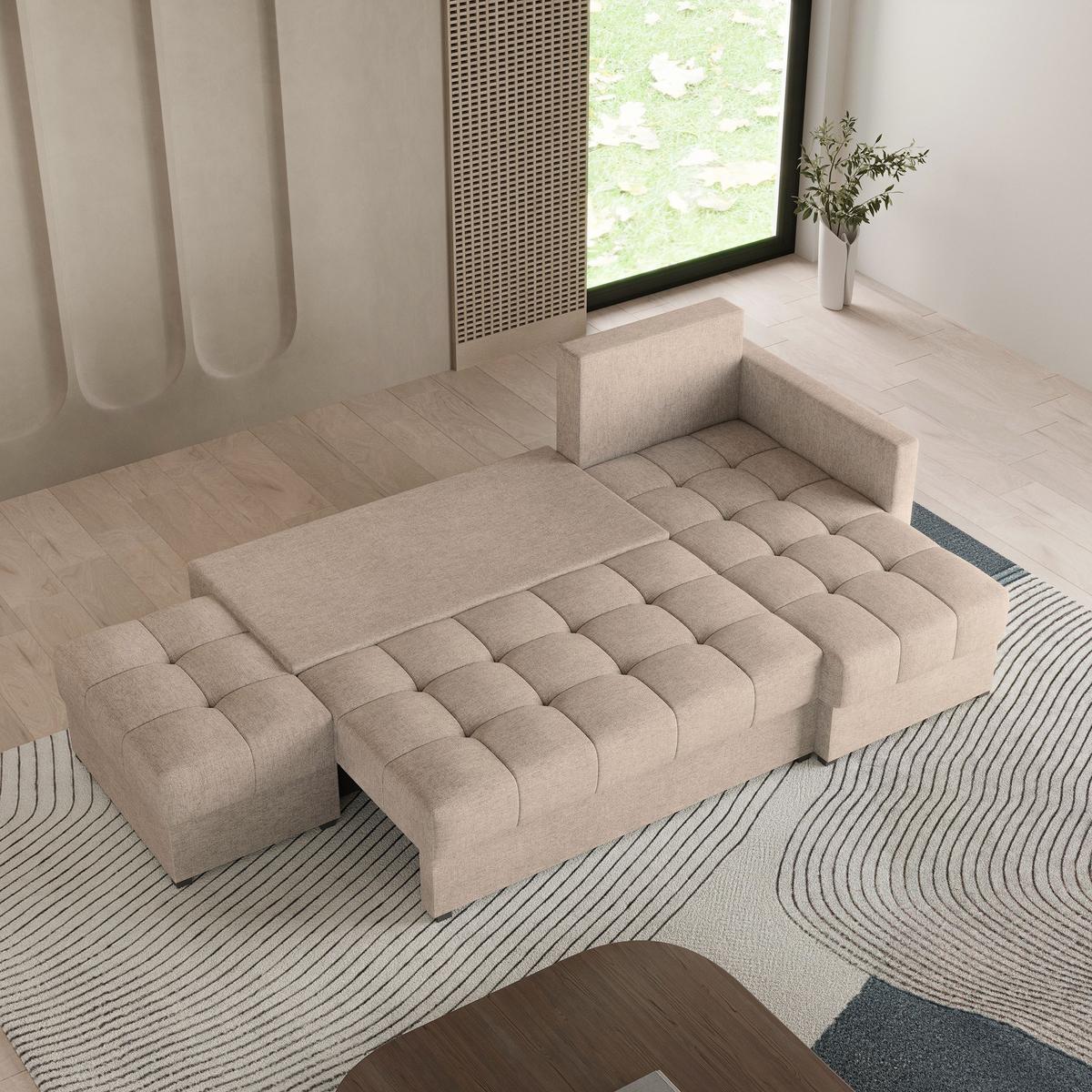 ECKSOFA LUMARI R-S Beige Plüsch-Stoff mit Schlaffunktion - Beige, Holz (262/143cm) - MASSENO