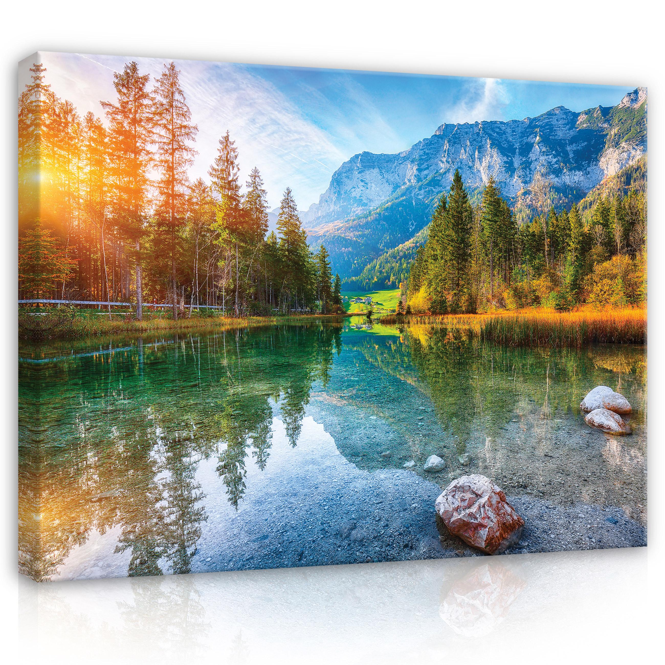 LEINWANDBILD Natur Berge See 120x80 - Multicolor, Holzwerkstoff (120/80cm) - Wallarena