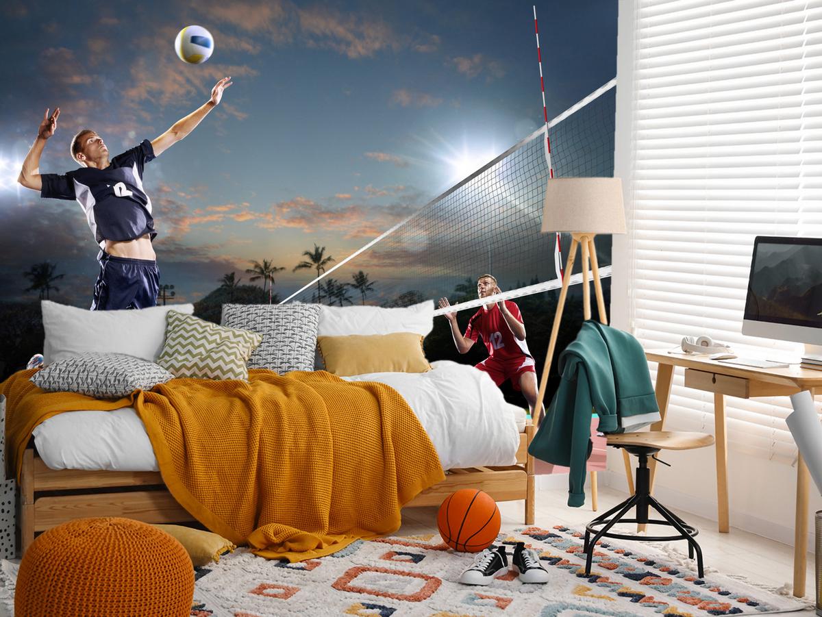 FOTOTAPETE für Jugendzimmer Volleyball Strand Tropen Match Spieler Palmen 300x210 - Rot/Schwarz, Papier (300/210cm) - Muralo