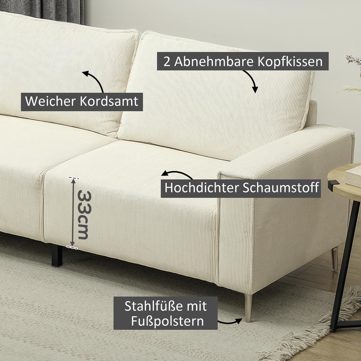 3-SITZER Sofa, Couch mit Armlehnen, Rückenkissen, für Wohnzimmer, Schlafzimmer - Silberfarben/Creme, Textil/Metall (77/80/193cm) - HOMCOM