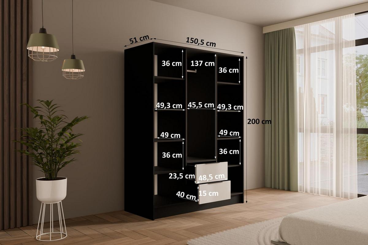 KLEIDERSCHRANK mit Spiegel und Flügeltüren KOLIN 150x200cm Schwarz / Weiß - Schwarz/Weiß, Holzwerkstoff (150/200/51cm) - ALTDECOR