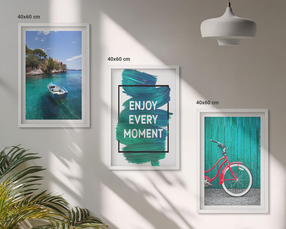 BILDER SET 3er Set - 40x60 cm Weißer Rahmen - Inspiration für ein Fahrrad mit Seeboot - Weiß, Kunststoff (40/60cm) - TULUP
