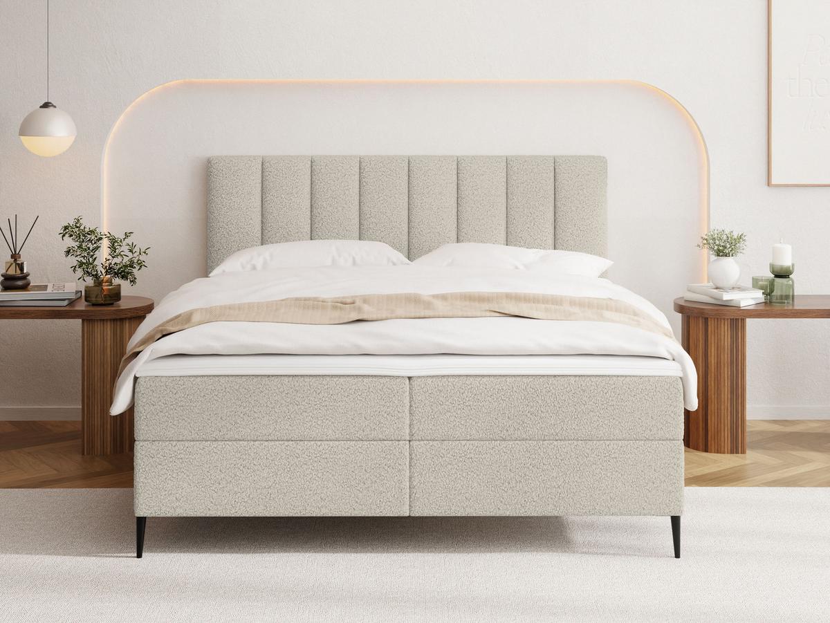 BOXBETT Allen mit Bettkasten, Boucle Beige 140x200 cm – inkl. H4 Taschenfederkern Matratze & Foam Topper - Beige/Schwarz, Textil/Metall (140/200cm) - WFL GROUP