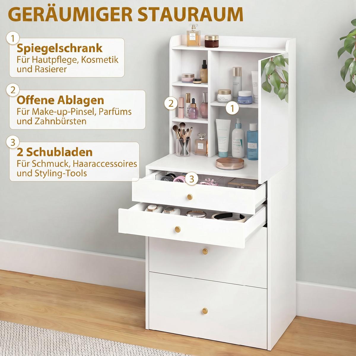 SCHMINKTISCH-SET Leinen Spanplatte Weiß - Weiß, Holzwerkstoff/Textil (40/132.5/60cm) - HOMCOM