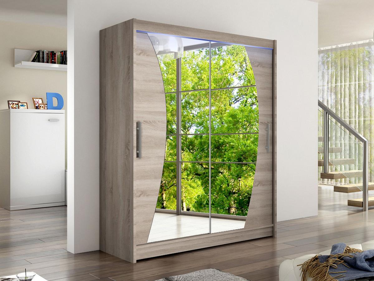 SCHWEBETÜRENSCHRANK Westa X, mit RGB LED Beleuchtung - Silberfarben/Trüffeleichefarben, Holzwerkstoff/Metall (150/200/58cm) - MIRJAN24