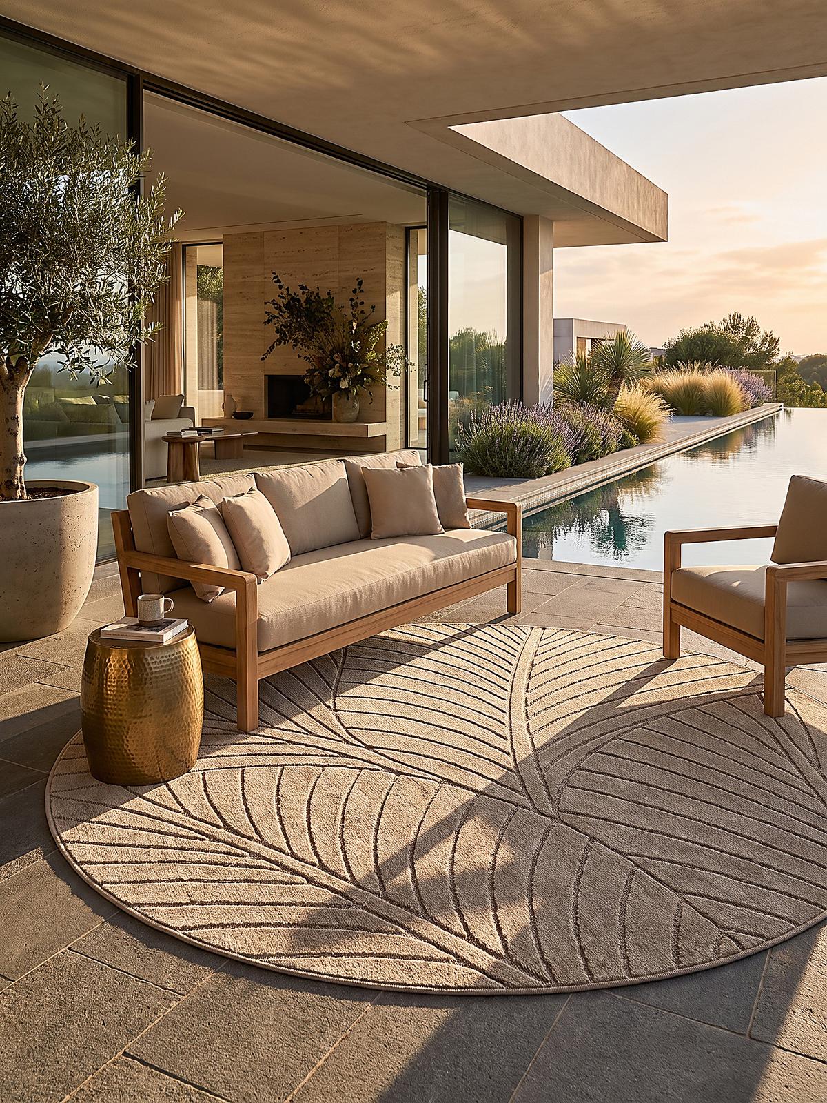 TEPPICH Outdoor, Fußbodenheizung-geeignet, mit Blattmotiv, ENGADIN in Beige, Ø 160 cm - Beige, Textil (160/160cm) - KADIMA DESIGN