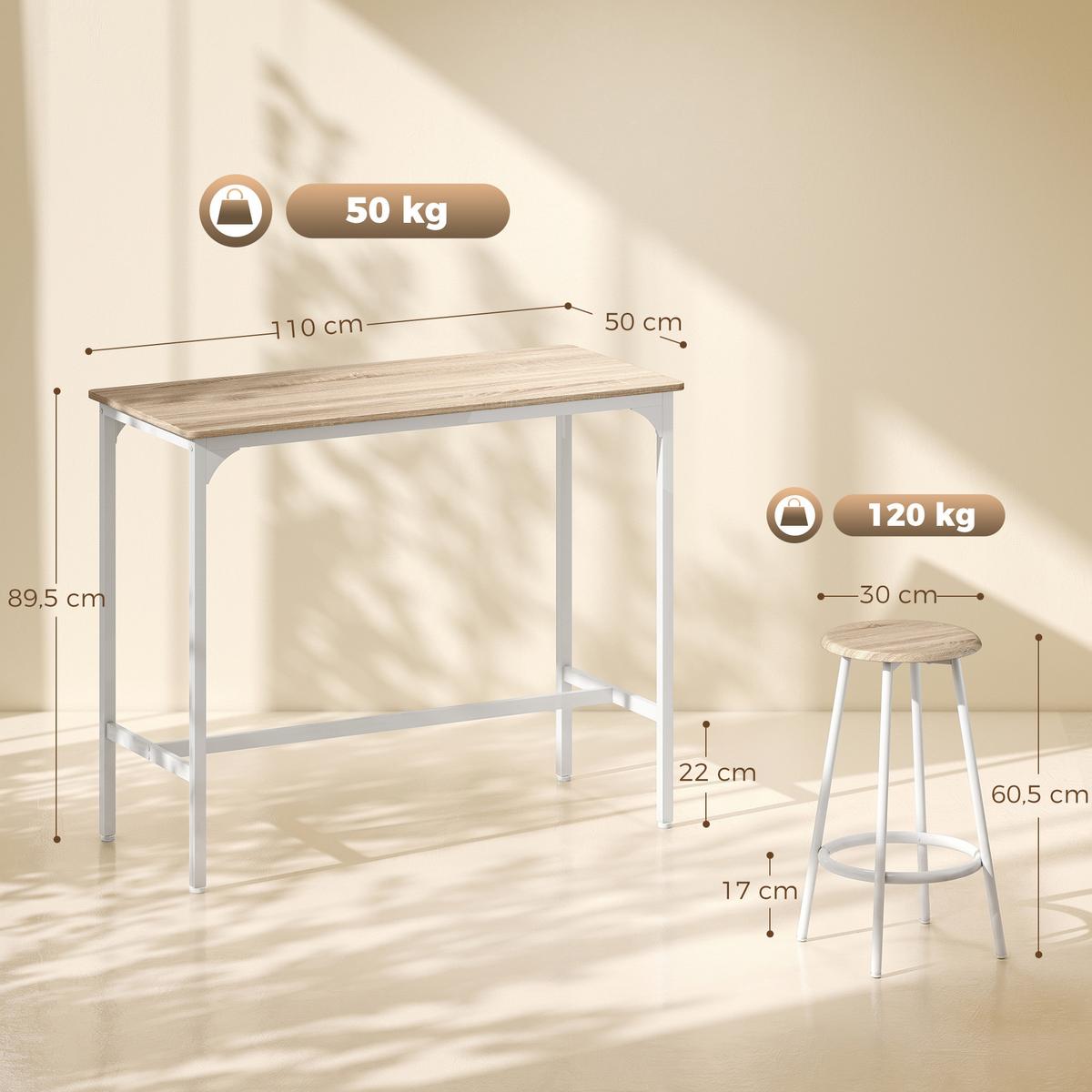 BARTISCH-SET 5er Set MDF Metall Eiche - Eichefarben, Holzwerkstoff (50/89.5/110cm) - HOMCOM