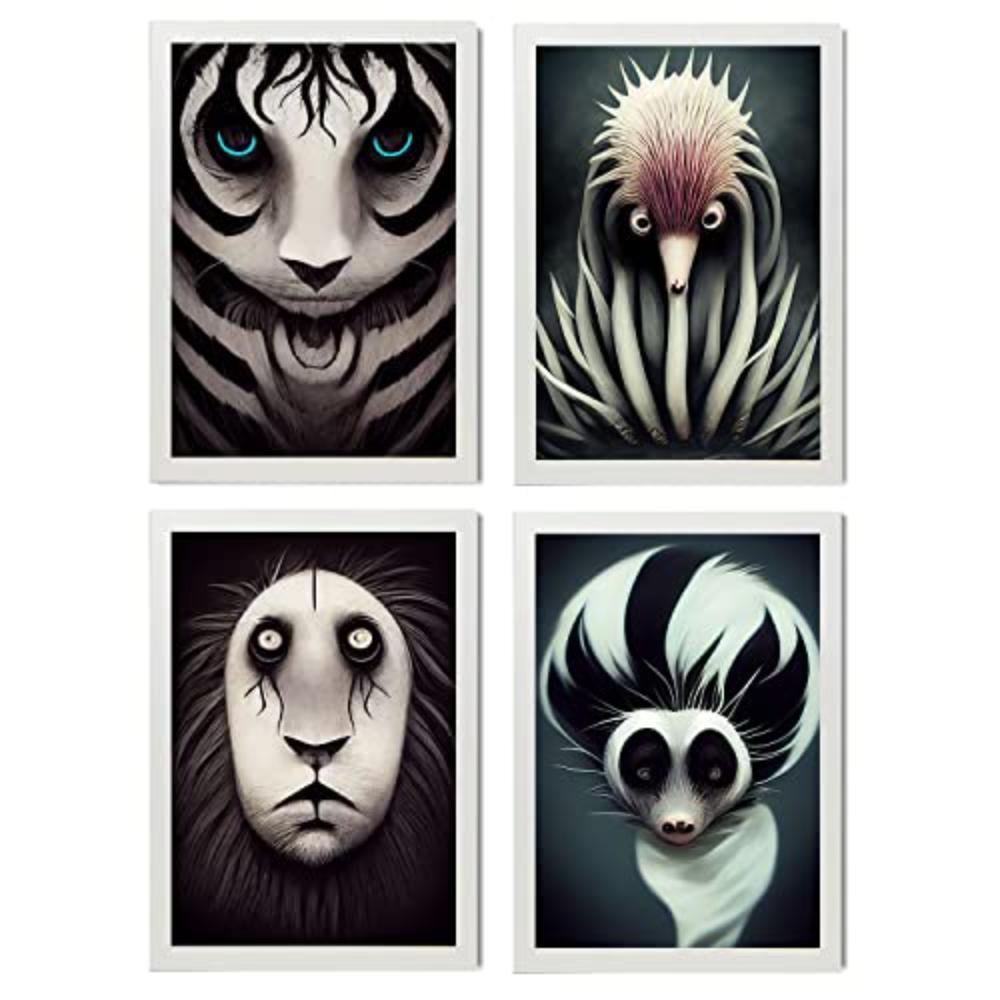 POSTER Set mit 4 Schwarz und weiß Tier im T Burton Goth Stil A3 Weißer Rahmen - Weiß, Papier (29.7/3cm) - Nacnic