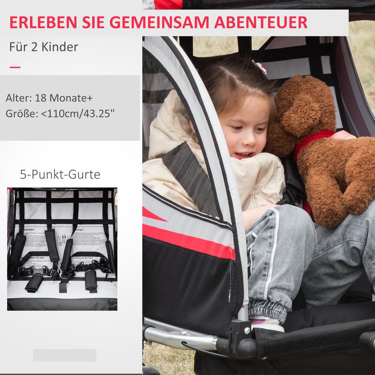 2 in 1 Kinderfahrradanhänger, Kinderanhänger, Fahrradanhänger, Rot - Rot, Metall (75/101/142cm) - HOMCOM