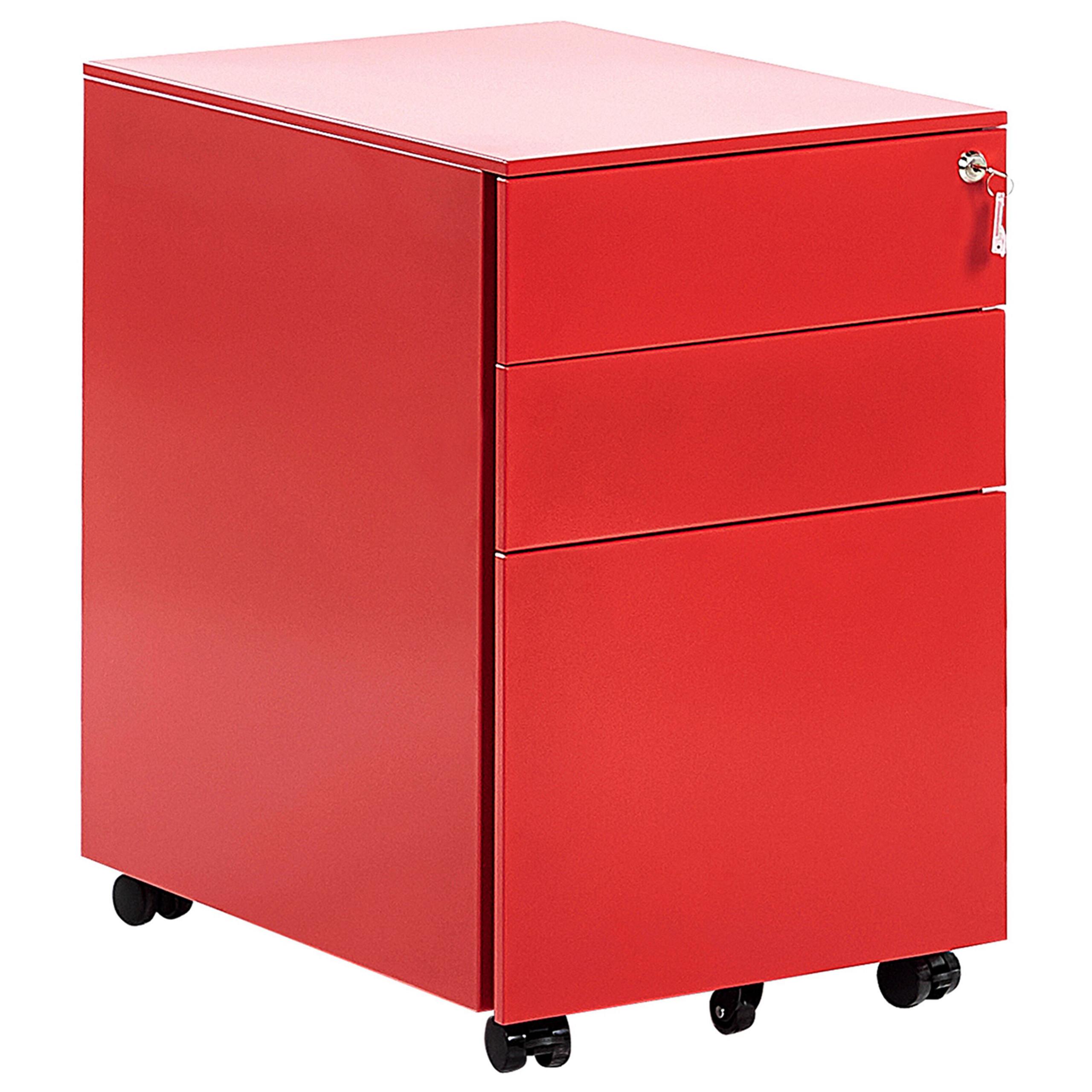 AKTENSCHRANK Metall rot 3 Schubladen mit Rollen Cami - Rot, Metall (39/60/50cm) - Beliani