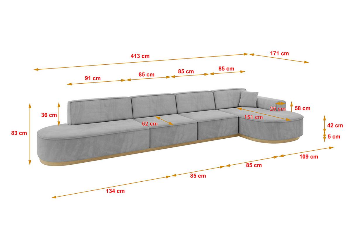 ECKSOFA Ottomane Rechts MARI-L3-v2 - 413x171x83 cm Grau Velours - Grau, Holzwerkstoff/Textil (171/413cm) - ALTDECOR