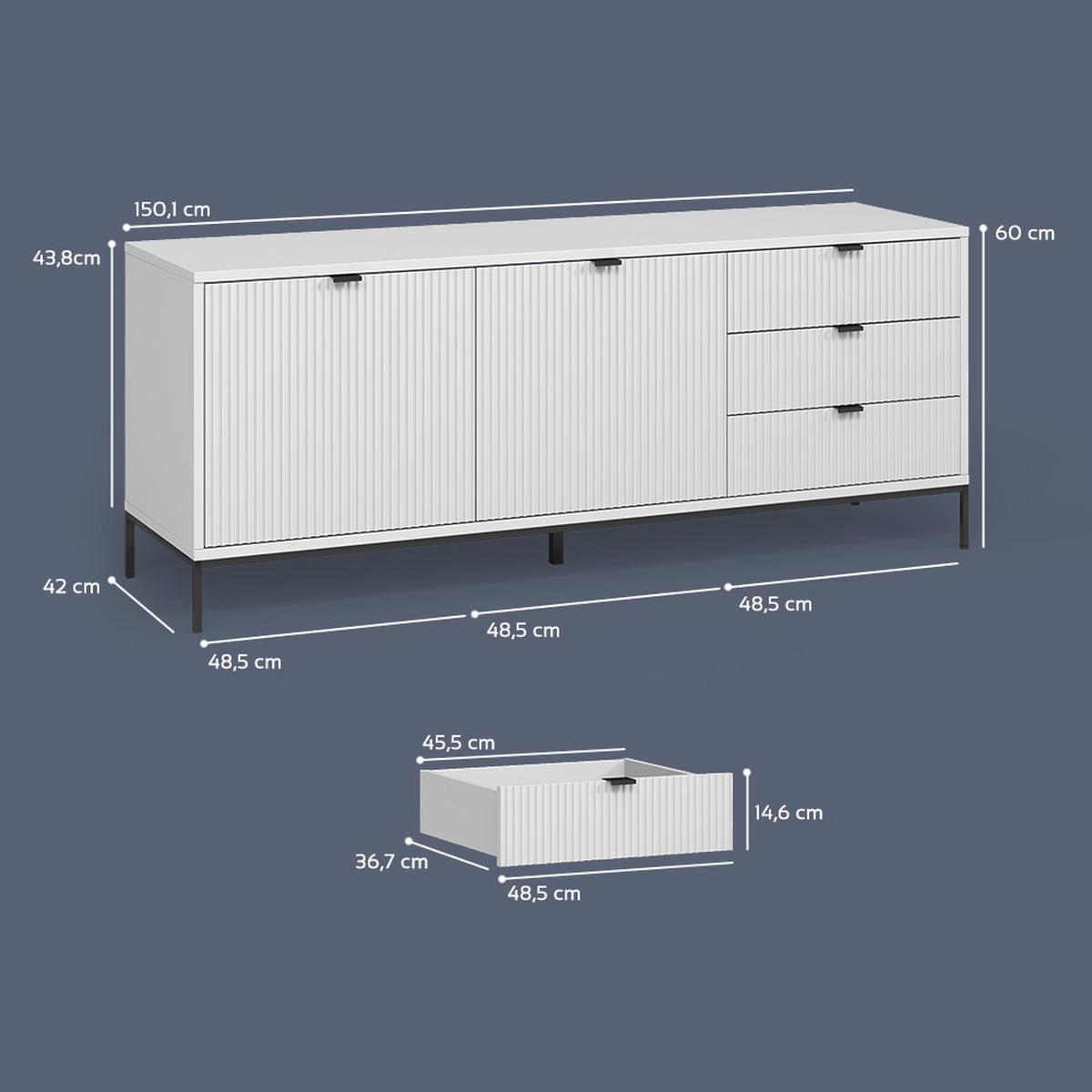 LOWBOARD Aterno Weiß 150 x 60 cm mit 3 Schubladen, 2 Türen - Weiß, Holzwerkstoff (150/60/42cm) - Livinity®