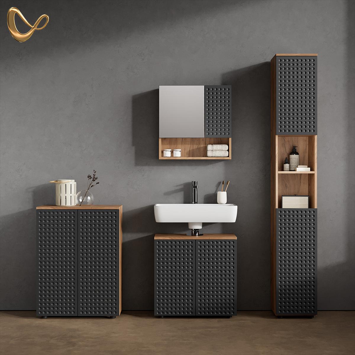 BADMÖBEL-SET Ronco Anthrazit gepunktet 4 Teile, mit Hochschrank und Kommode - Anthrazit, Holzwerkstoff (60/59/30cm) - Livinity®