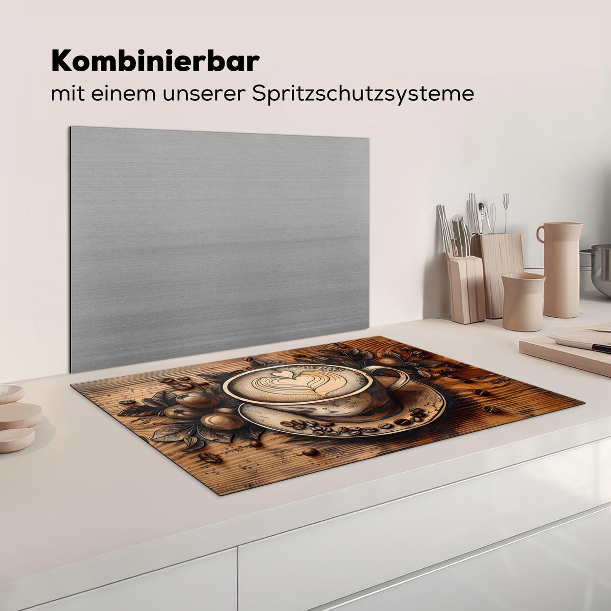 HERDABDECKPLATTE Kaffee - Vintage - Braun - Tasse - Holz Ceranfeldabdeckung 80x52 cm - Cappuccino, Kunststoff (80/52/0.2cm) - MuchoWow