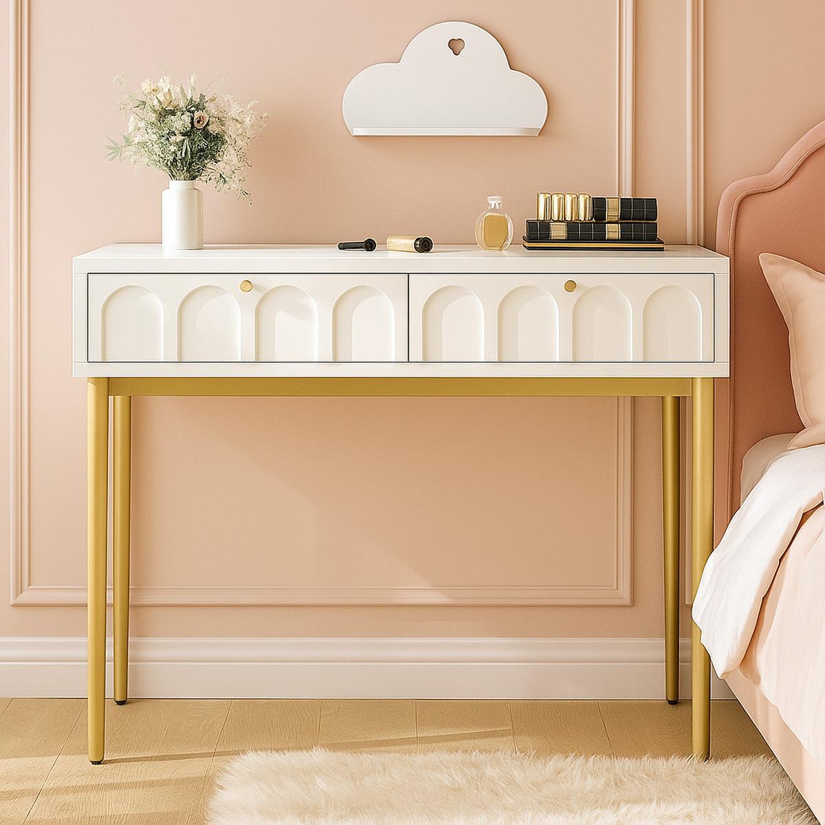 SCHMINKTISCH Cremeweiß und Golden 100/76,5/45 cm - Beige, Holzwerkstoff/Metall (100/76/45cm) - Urban Meuble