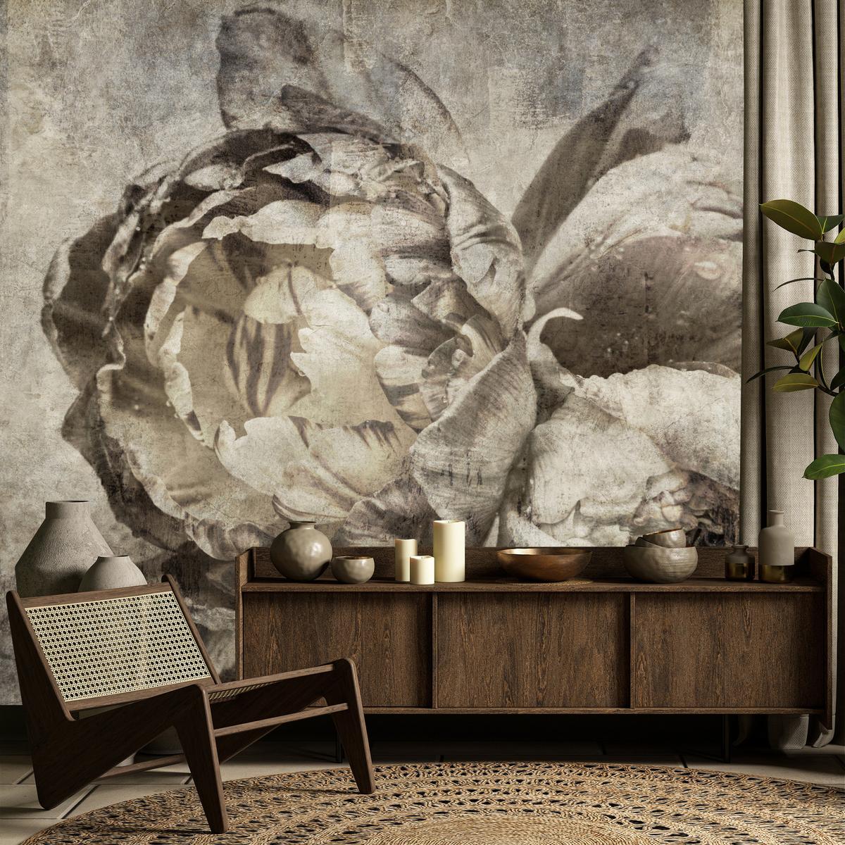 FOTOTAPETE Pfingstrosen Blumen Beton Vintage 350x256 - Beige/Braun, Papier (350/256cm) - Muralo