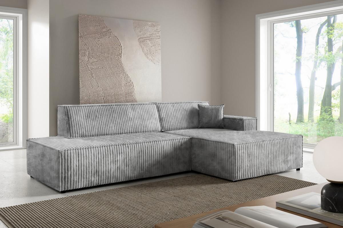 ECKSOFA TESSO L-S Grau Kordstoff mit Schlaffunktion - Grau, Holz (247/170cm) - MASSENO