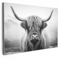 LEINWANDBILD Schottischer Highlander - Nebel - Schwarz - Weiß Gemälde 60x40 cm - Grau, Textil (60/40cm) - MuchoWow