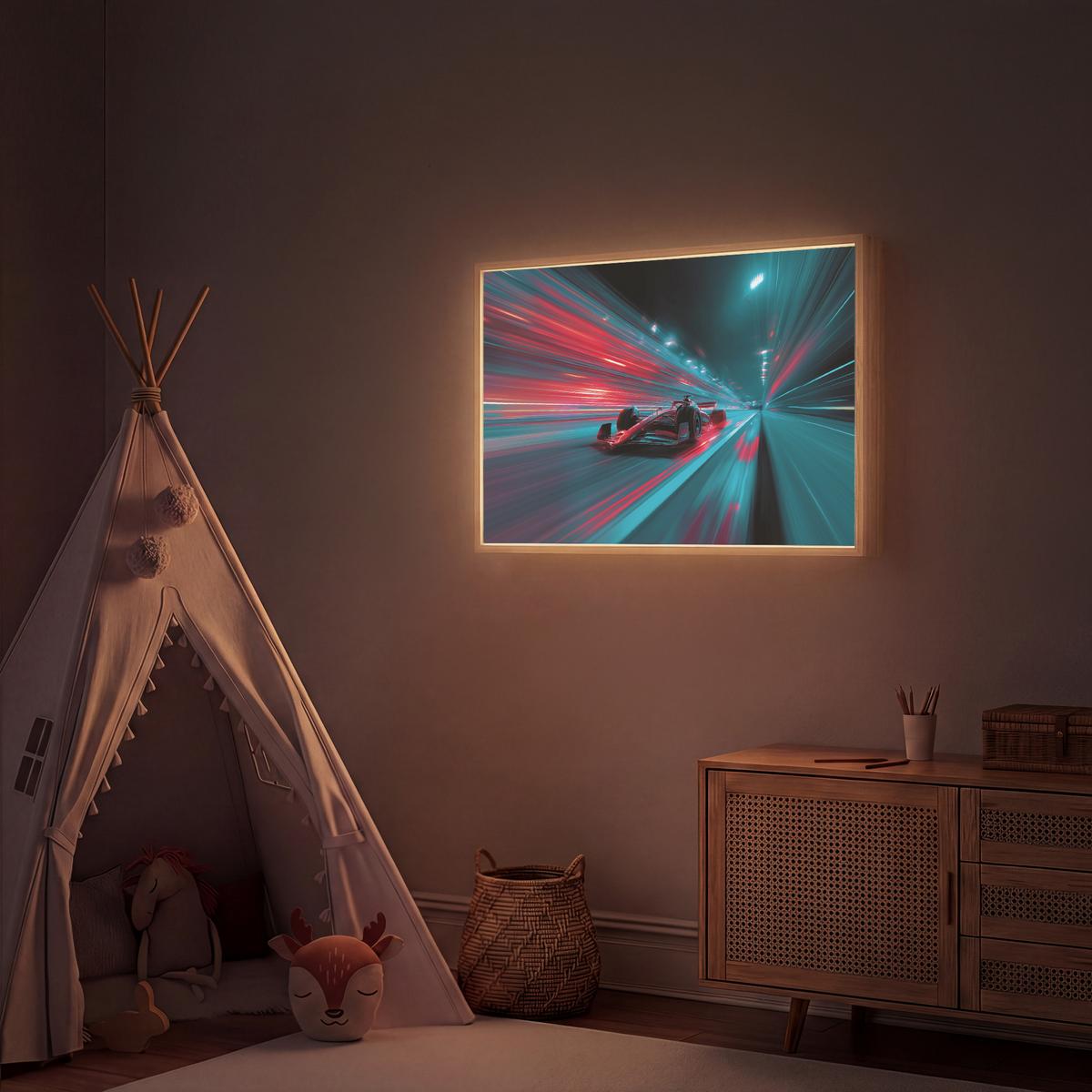 WANDLEUCHTE MIT AKKU Rennwagen - Rot - Geschwindigkeit 100x70 cm - Türkis, Holzwerkstoff (100/70/8cm) - OnlyWow